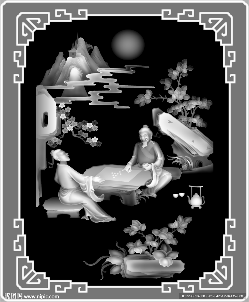 琴棋书画浮雕灰度精雕图