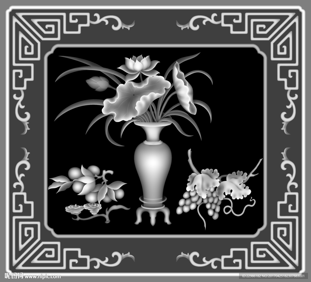 花瓶荷花葡萄灰度精雕图