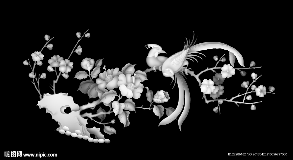 牡丹花鸟灰度浮雕精雕图