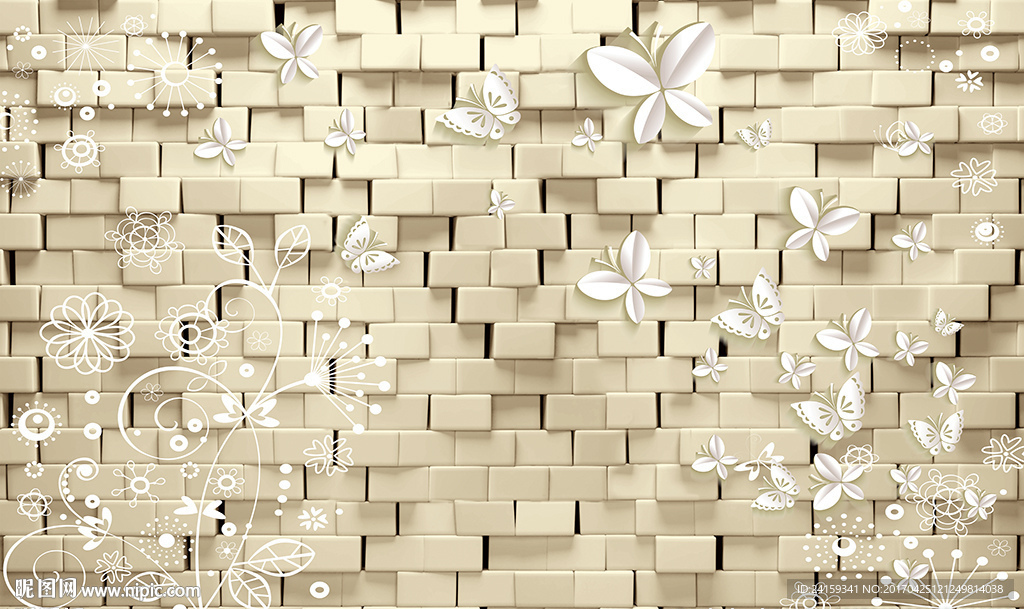 3d砖墙简约白色线条蝴蝶