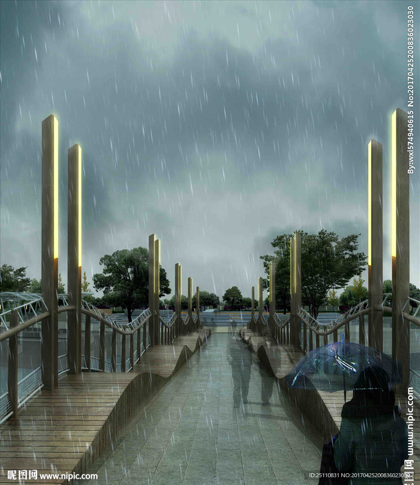 雨景桥梁阴天打雨伞效果图