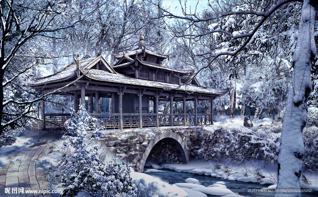 雪景古建桥梁河流冬天结冰效果图
