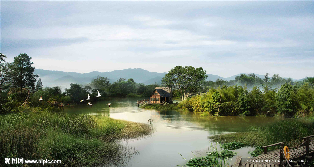 河流自然生态景观水生植物古建