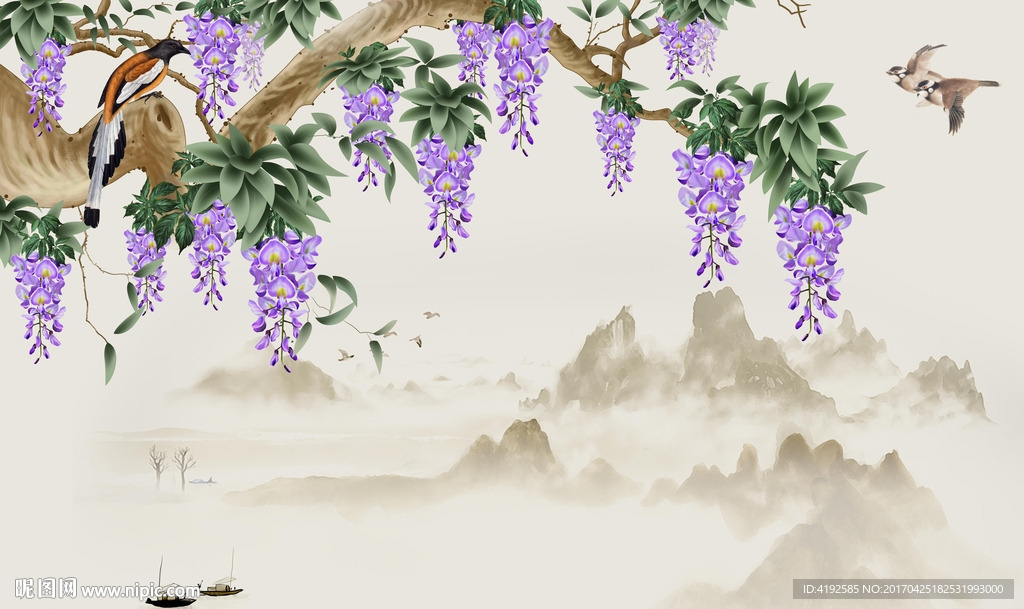 新中式紫气东来手绘紫藤萝背景墙