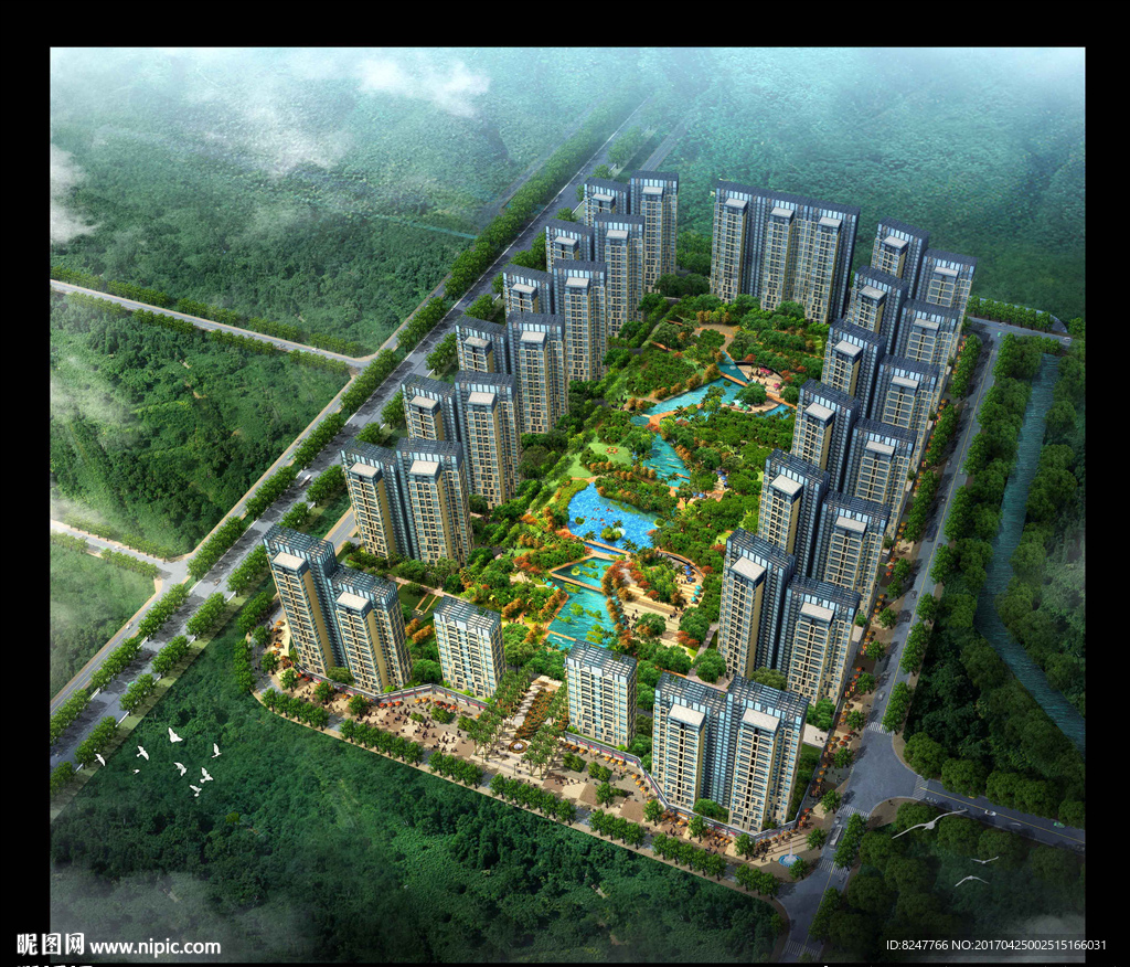 住宅区内景景观鸟瞰建筑效果图