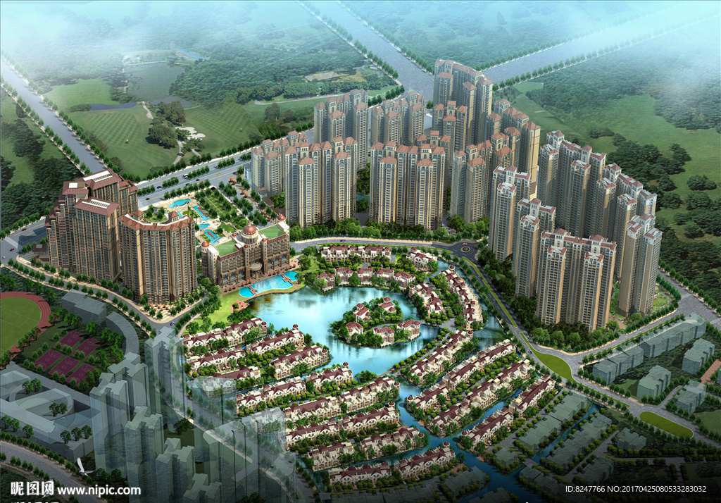 住宅区鸟瞰建筑效果图