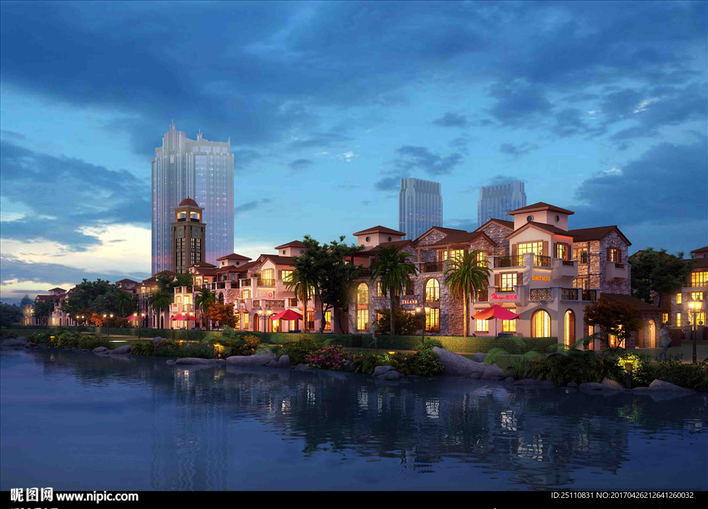 夜景住宅别墅河流景观图