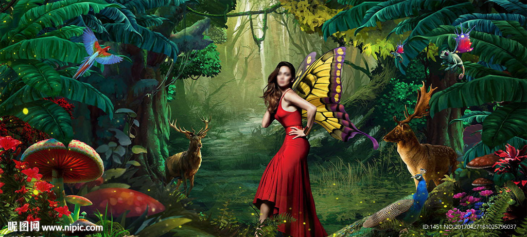 森林红裙蝴蝶女神写真模版