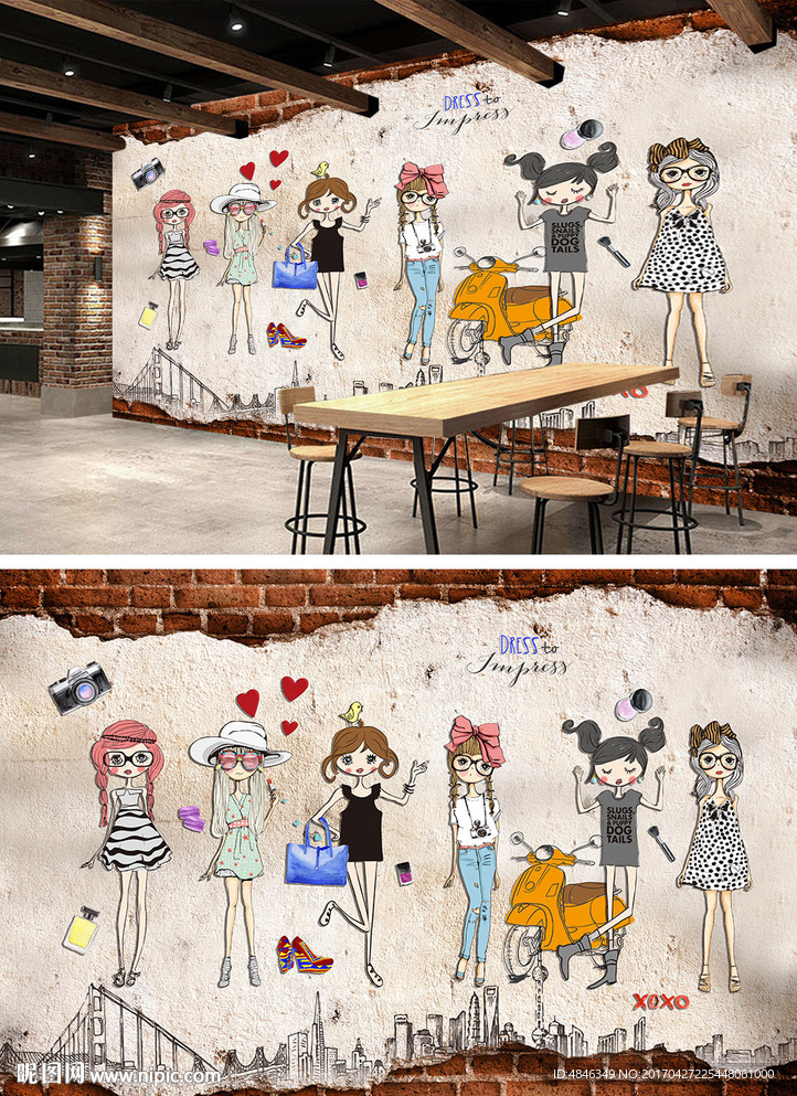 卡通女孩插画工装电视沙发背景墙