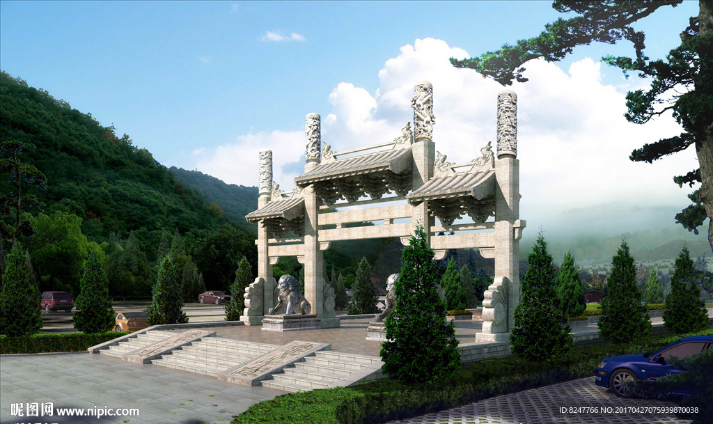 龙门客栈石雕大门景观入口建筑