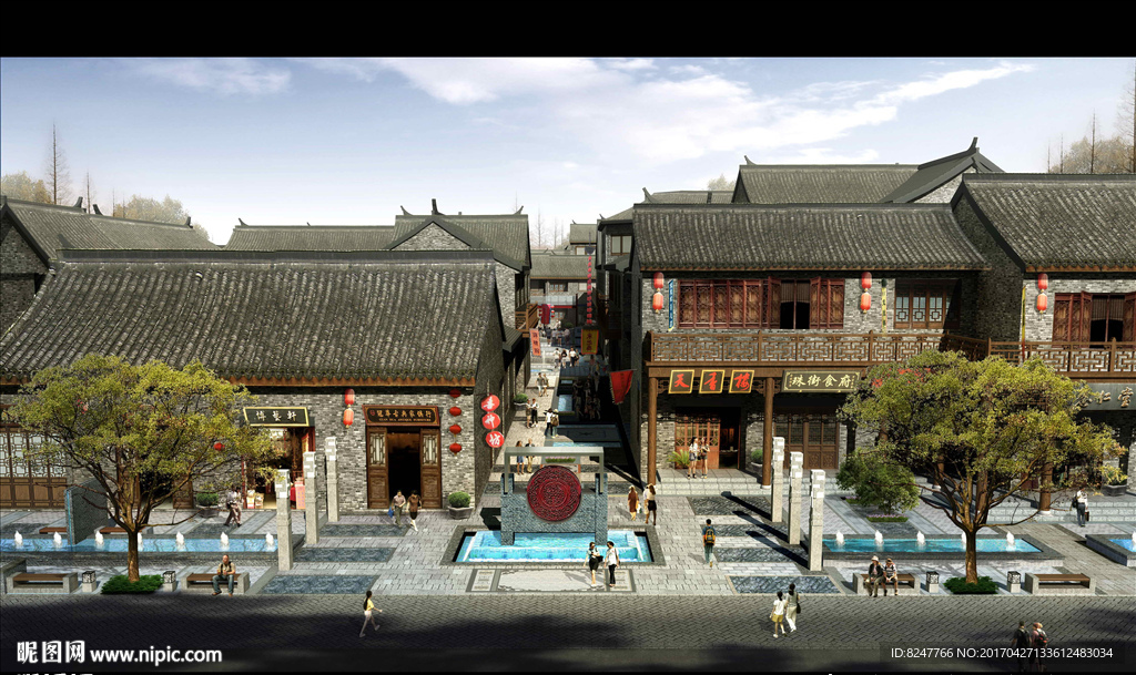 中国风住宅区商业街鸟瞰建筑效果