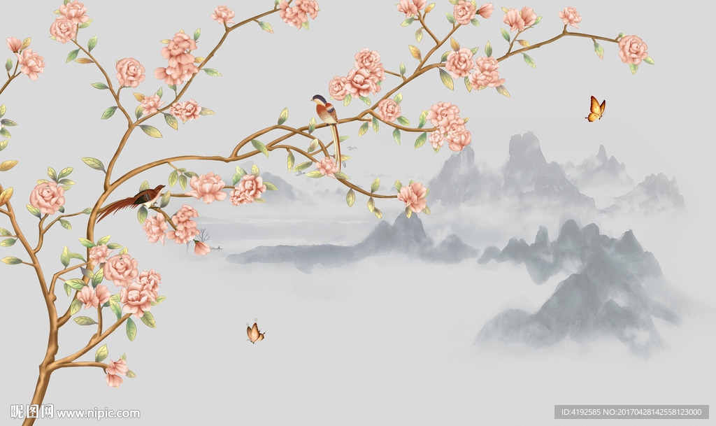 新中式手绘工笔花鸟电视背景墙