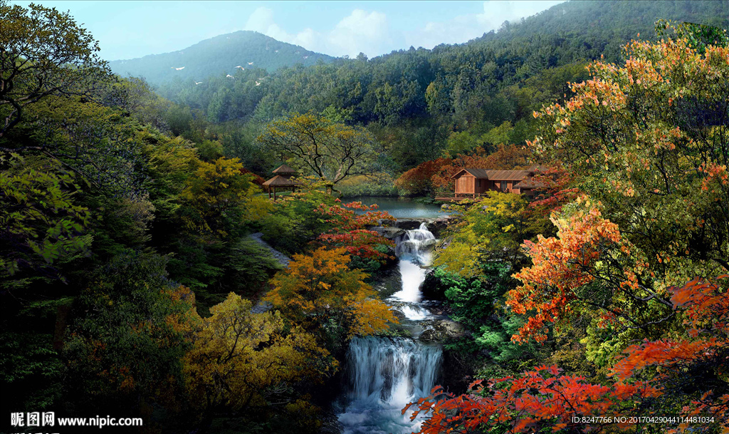 山林小木屋美景景观效果图