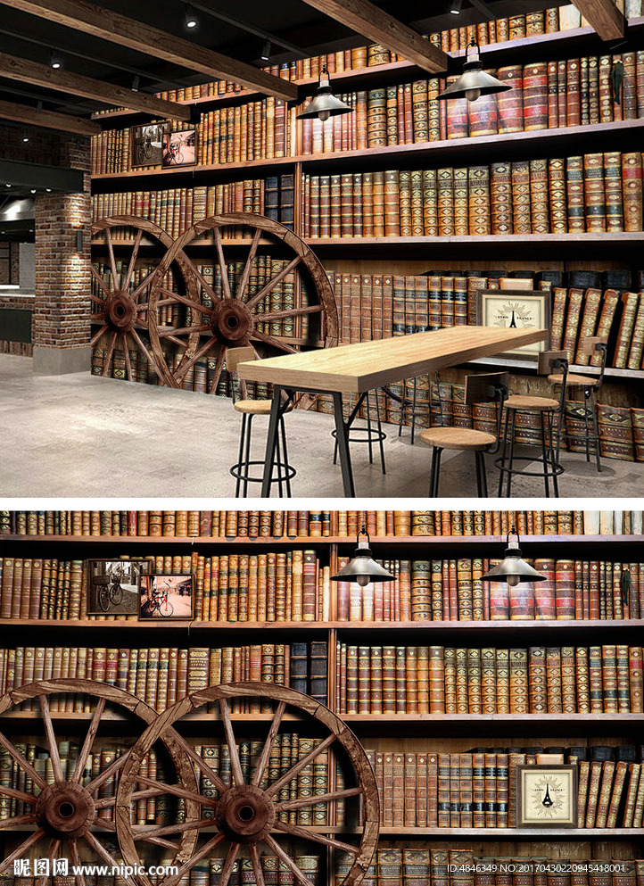 怀旧复古风书架背景墙