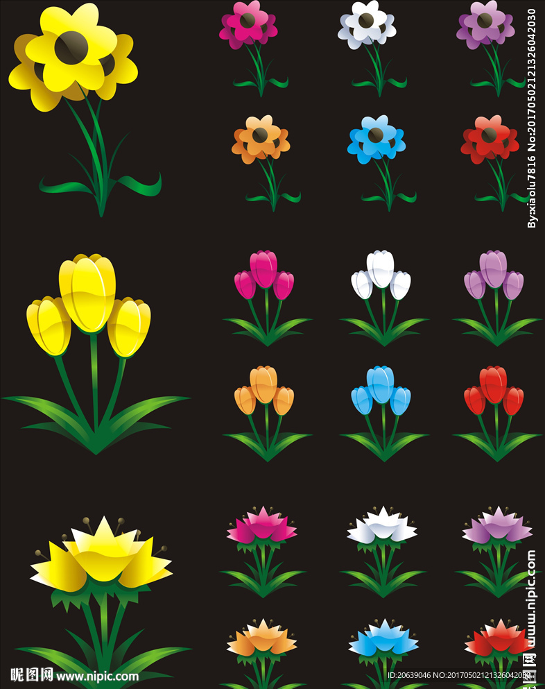 水晶花朵玫瑰郁金香矢量图