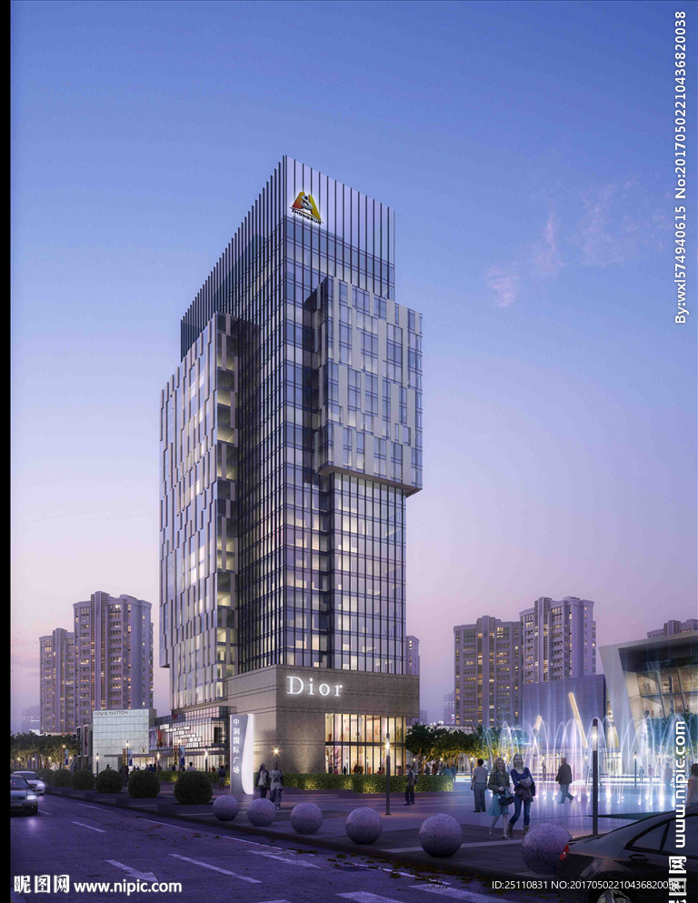 夜景公建迪奥沿街喷泉效果图