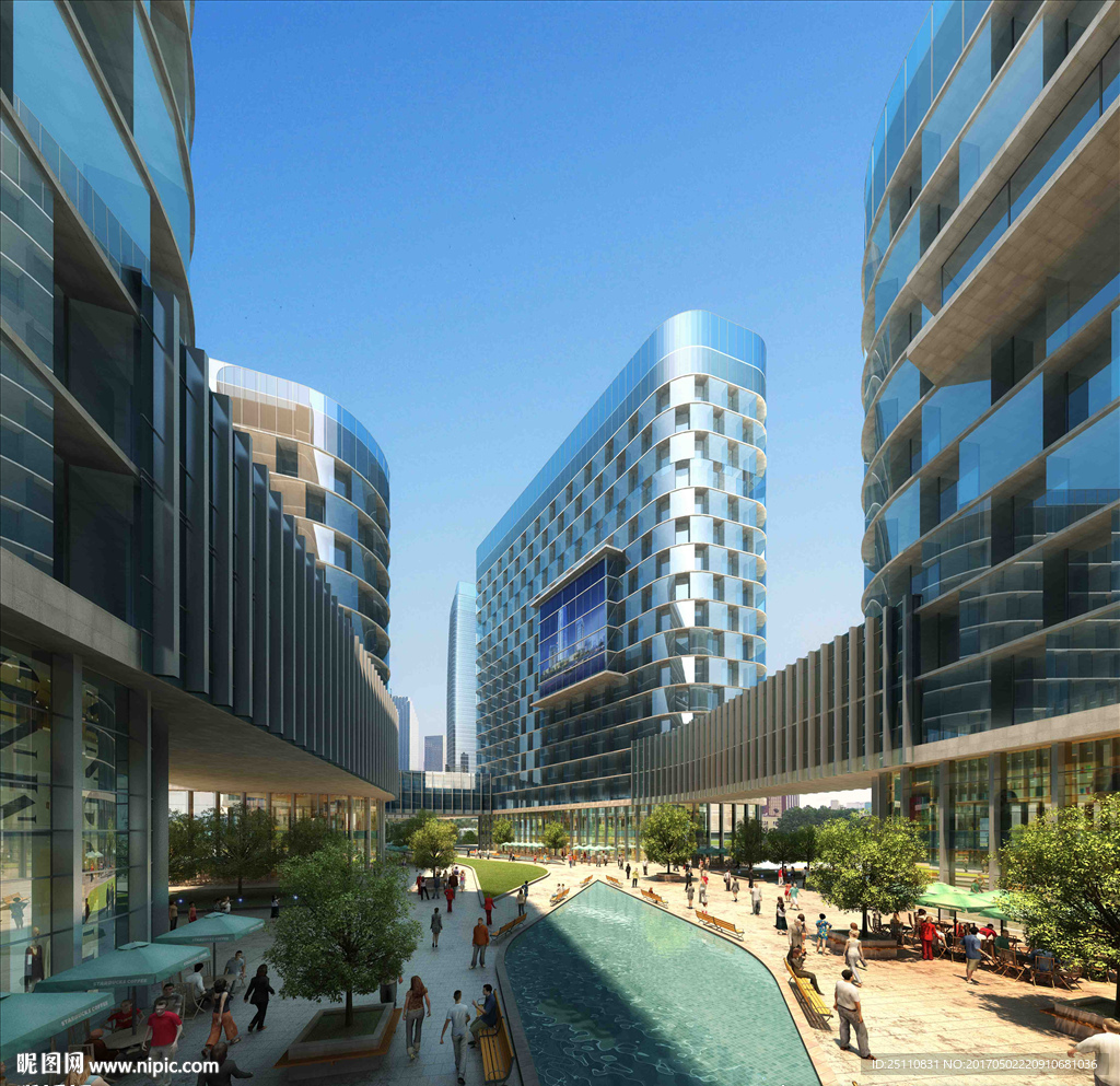 公建内廷水景景观商业街效果图