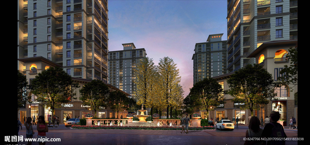 住宅区夜景商业街建筑效果图