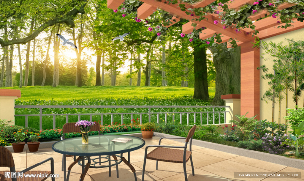 3D立体别墅阳台草地风景