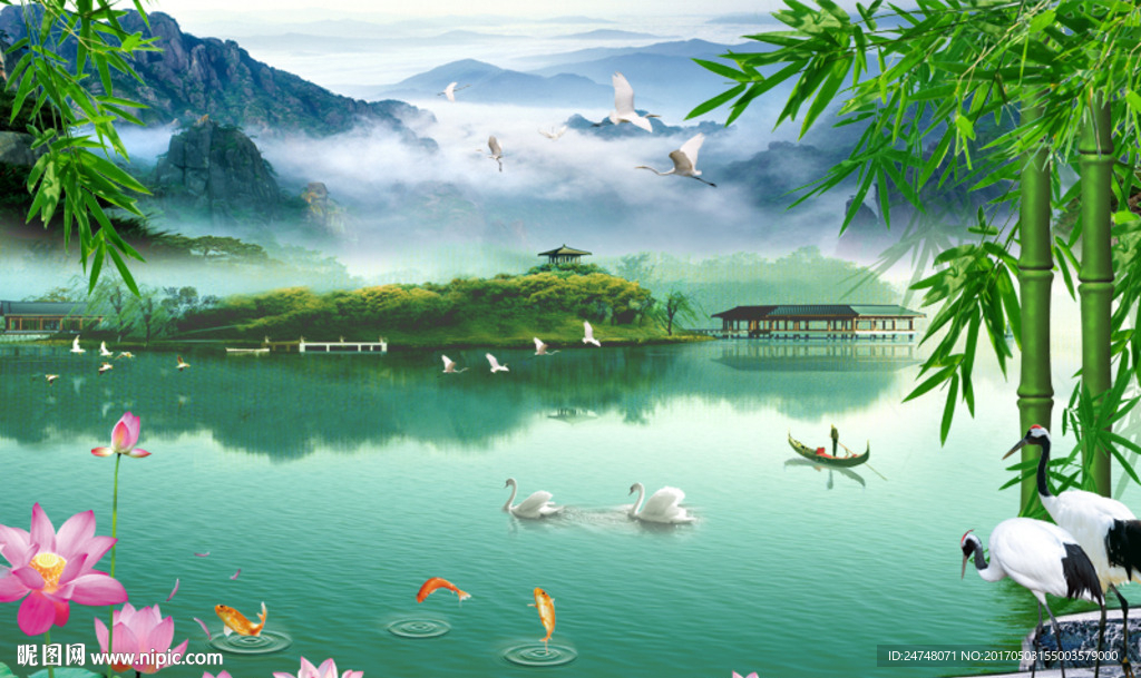 烟雨江南中式风景画