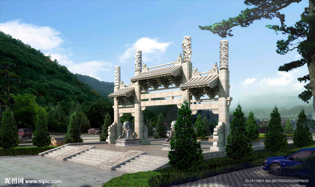 石狮子门牌牌坊中国龙效果图