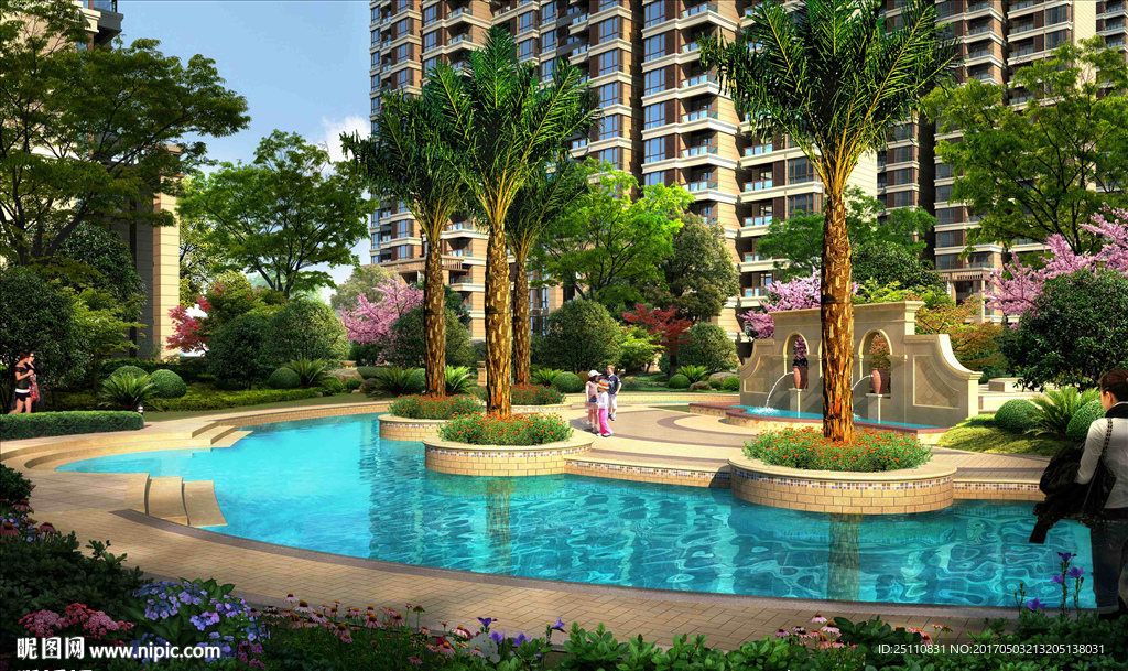 游泳池热带植物景观住宅效果图