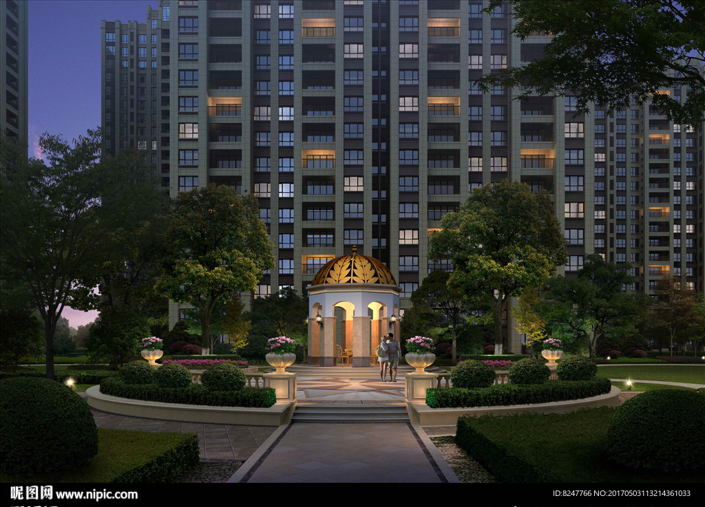 住宅区内庭花坛夜景景观效果图