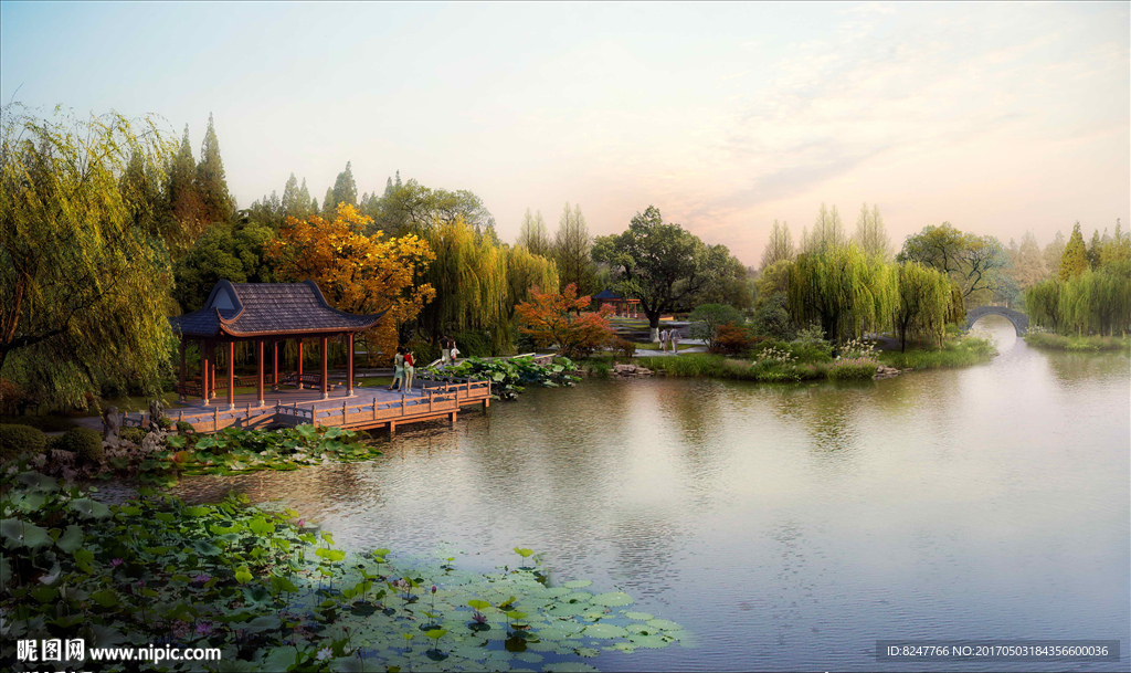 公园湖水景杨柳景观建筑效果图