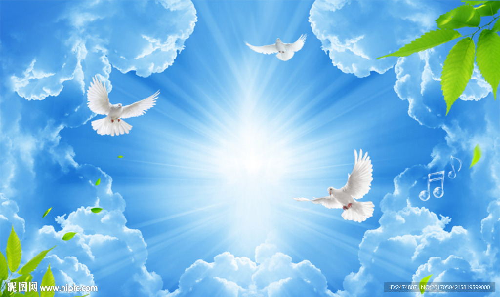 蓝天白云鸽子3D立体吊顶壁画