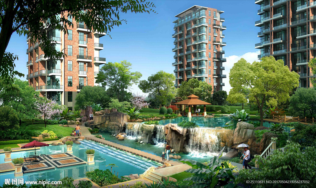 假山流水河道景观古建效果图