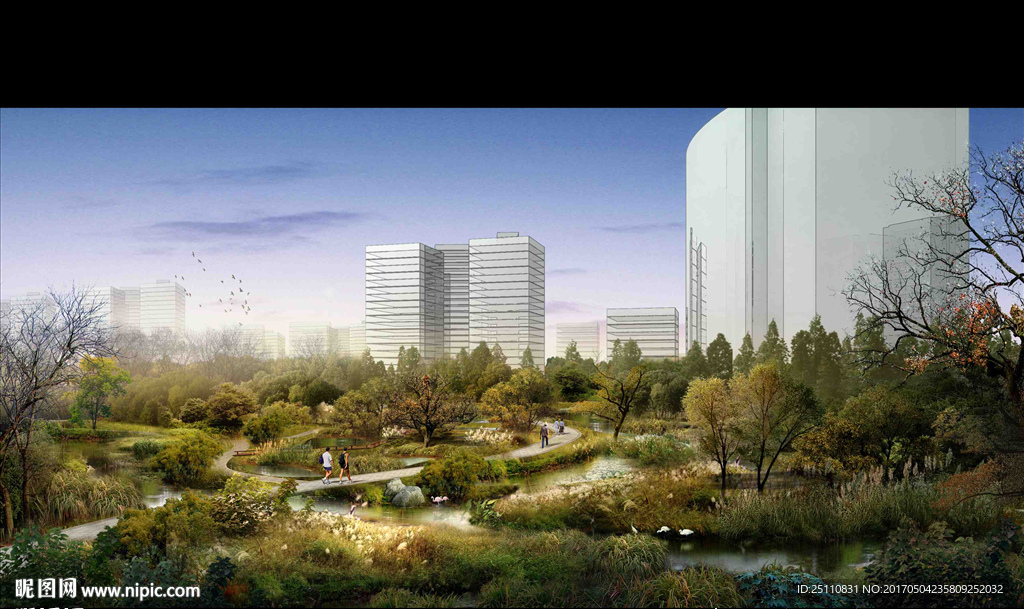 河道景观水生植物设计黄昏效果图