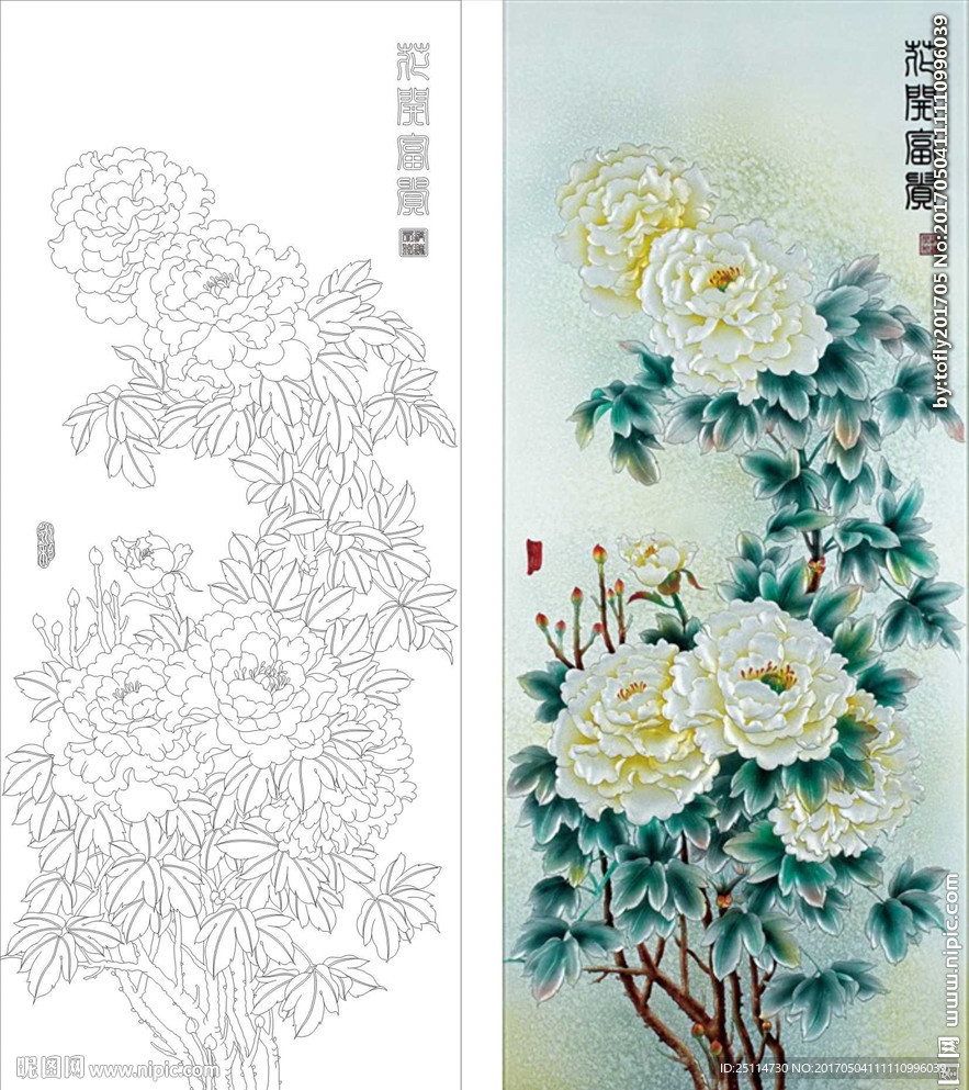 花开富贵艺术玻璃矢量图线条图