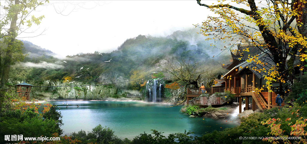 瀑布山体设计云雾流水索道图