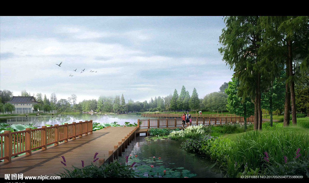 木栈道河道景观水杉树效果图