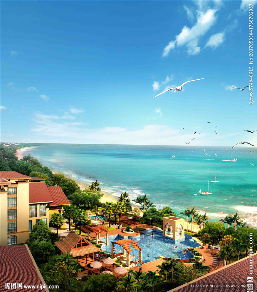 鸟瞰别墅面朝大海休闲游泳池图