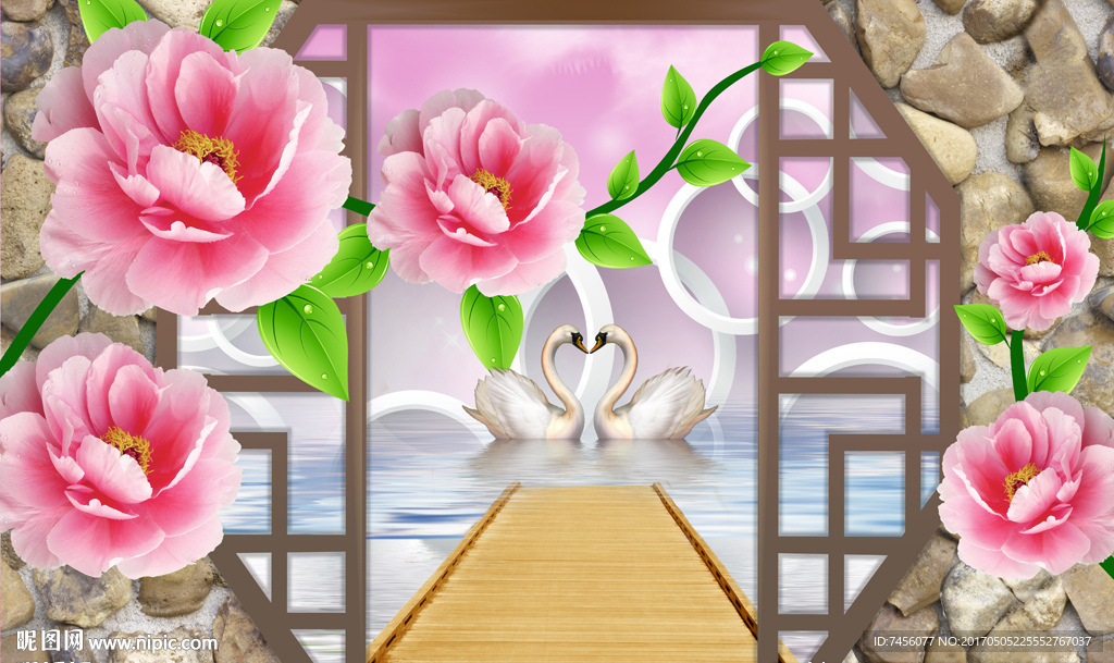 天鹅湖浪漫木桥立体背景墙