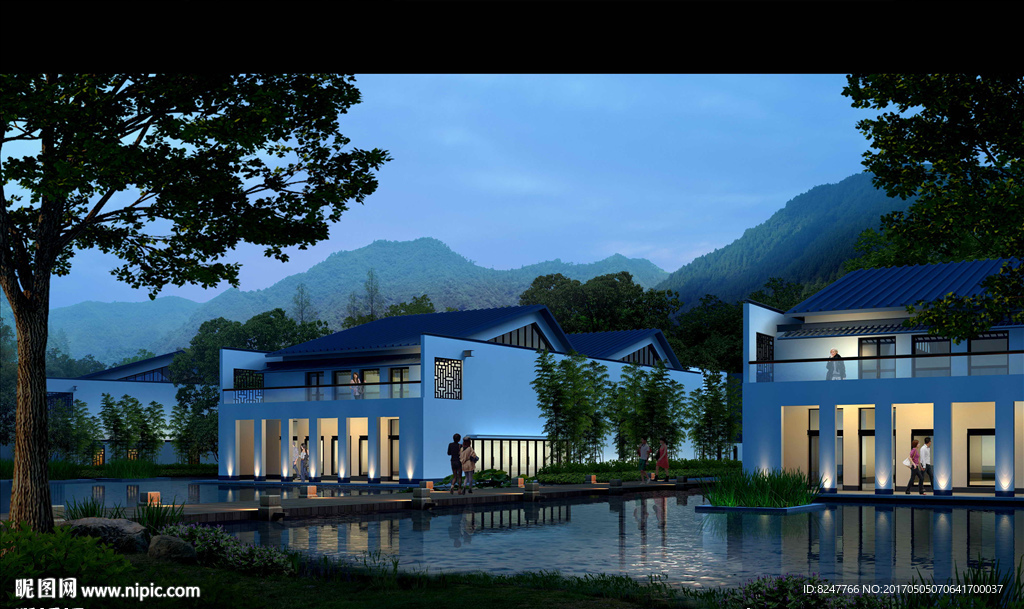 度假山庄古建筑夜景建筑效果图