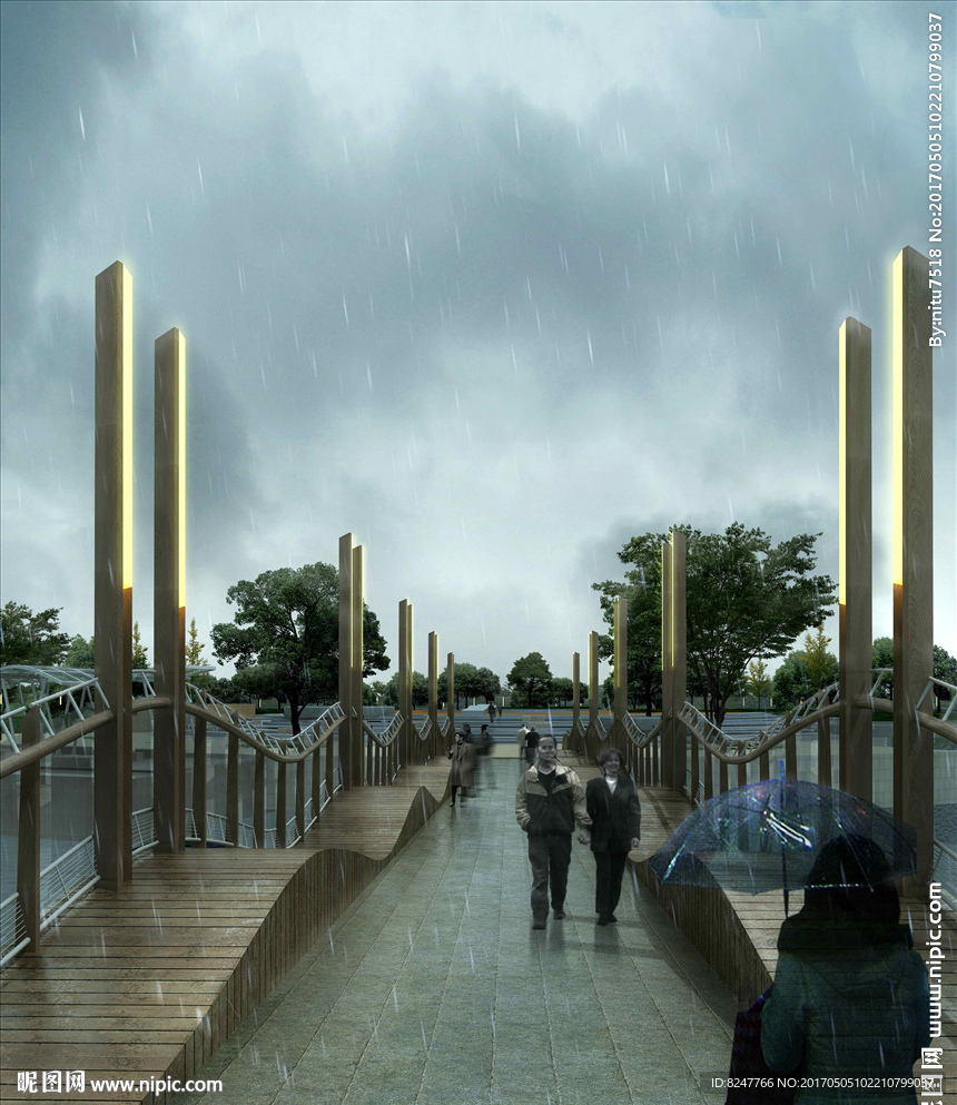 公园波浪桥雨景建筑效果图