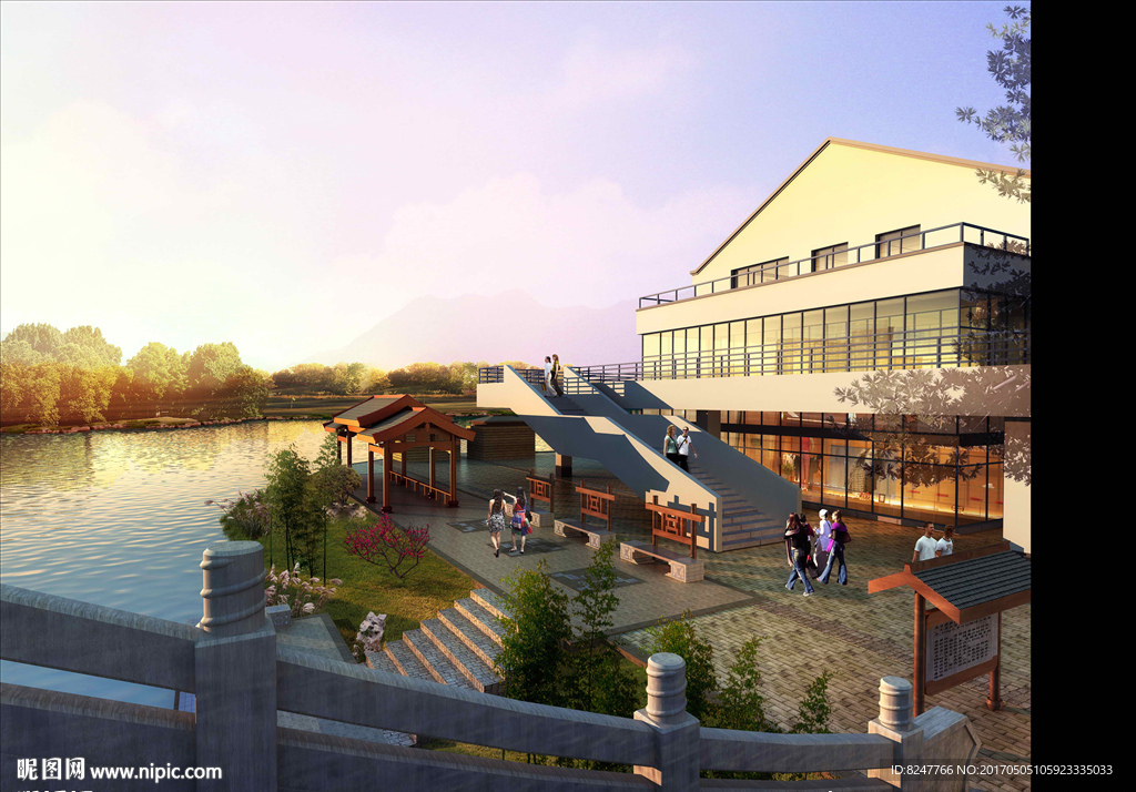 湖边餐厅鸟瞰建筑效果图