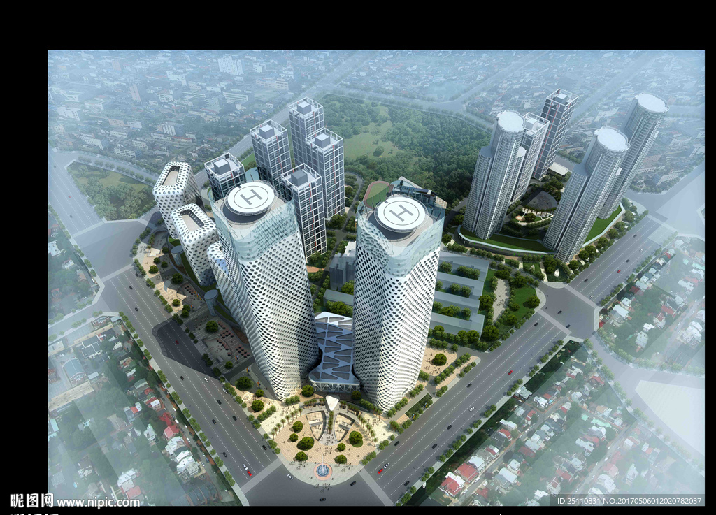 白天公建鸟瞰城市规划效果图