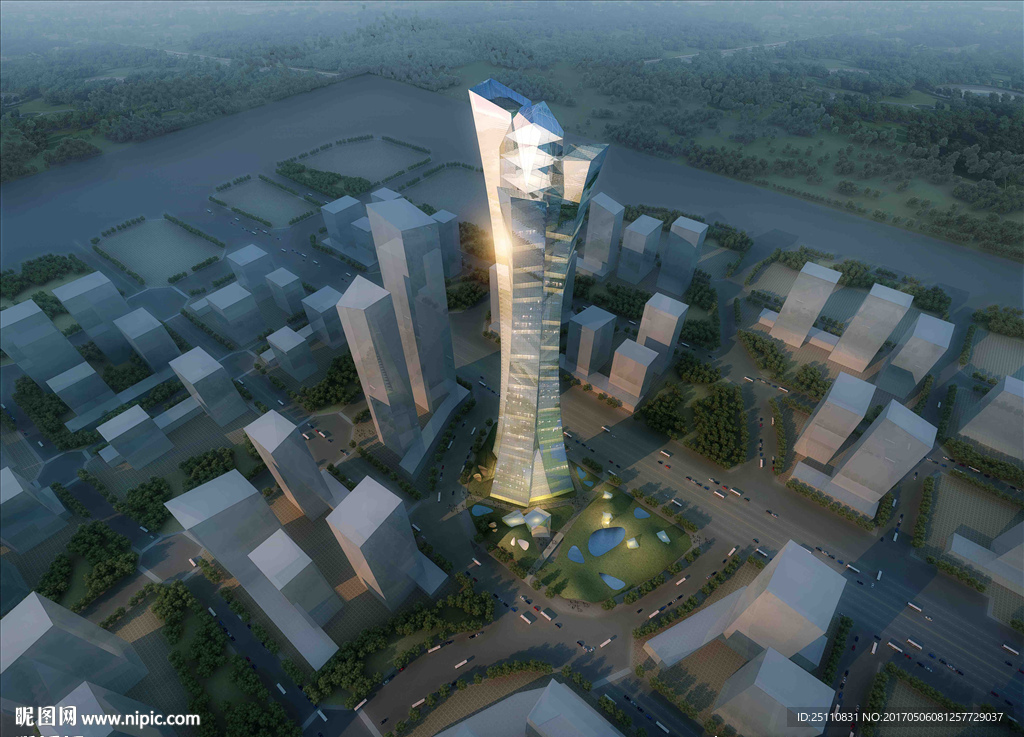 鸟瞰黄昏规划公建建筑效果图
