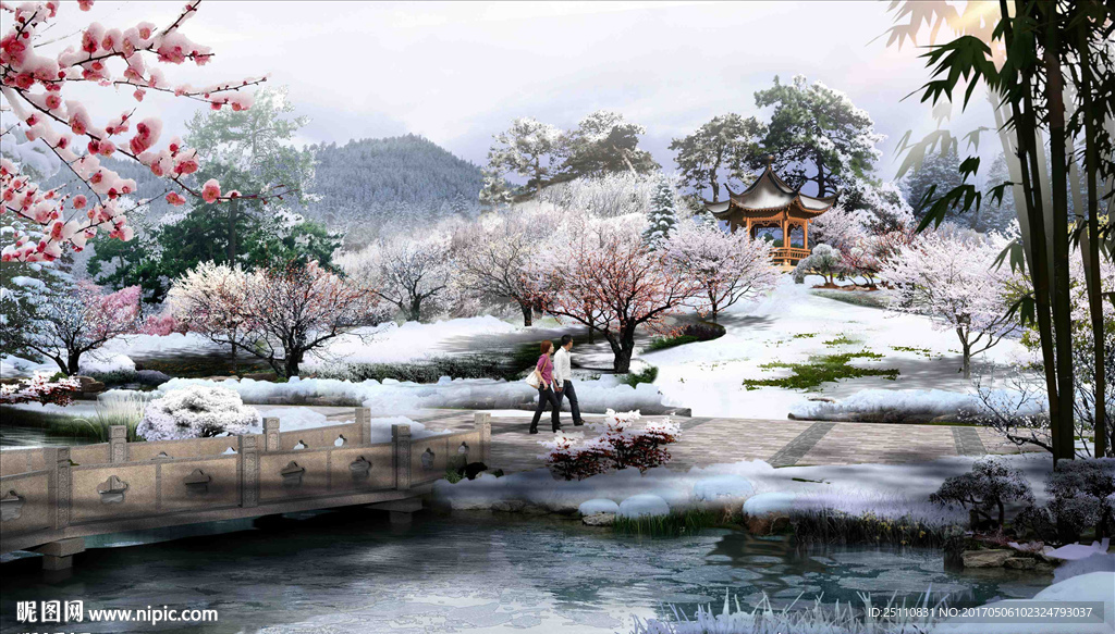 雪景湖景亭子梅花效果图
