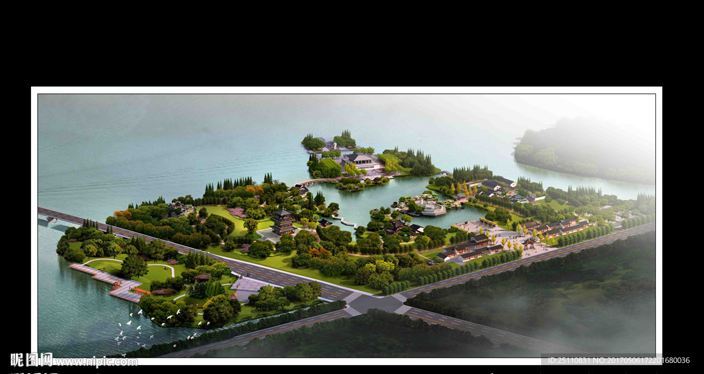 鸟瞰规划水景水杉古建看台图