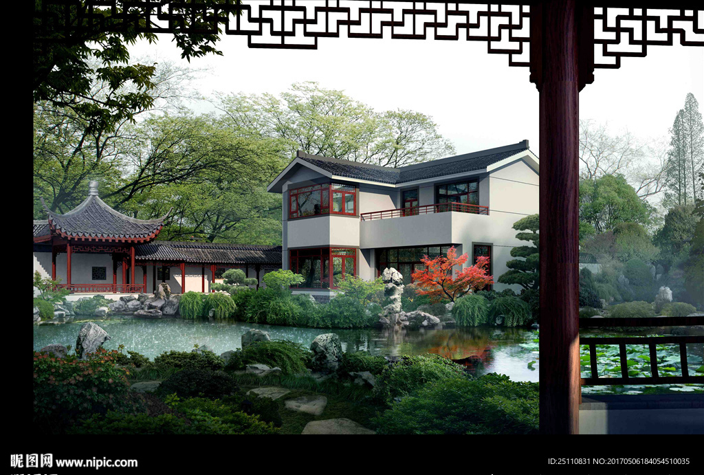 古建亭子假山石头水杉景观效果图