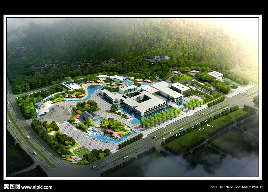 山体鸟瞰规划文化建筑水景图