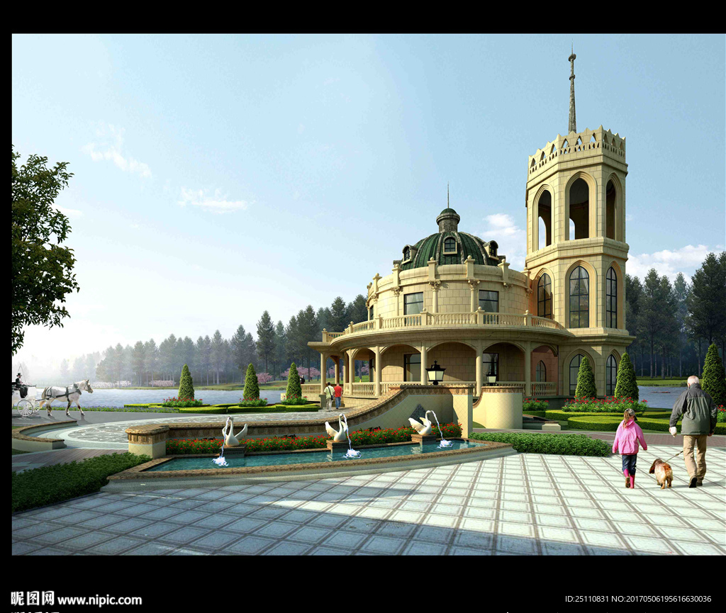 欧式看台设计喷泉马车景观小品图