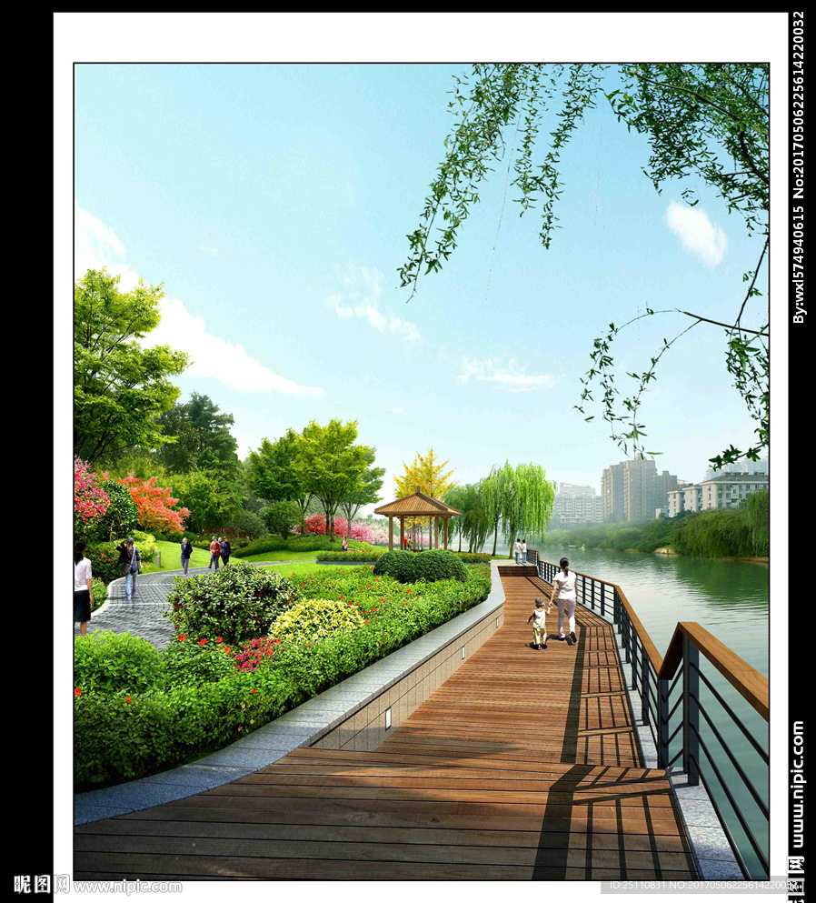 木栈道湖景柳树景观效果图