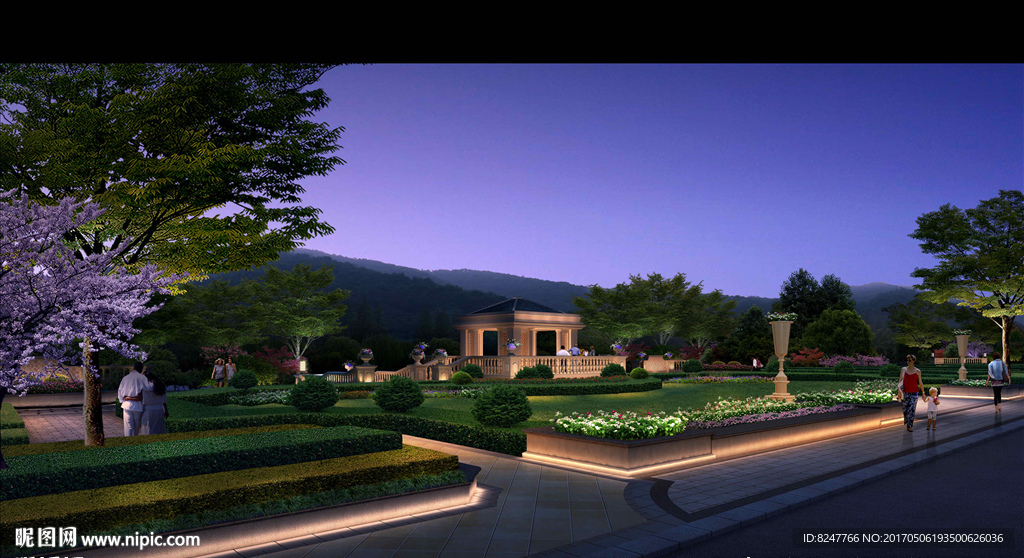 公园广场凉亭夜景建筑效果图