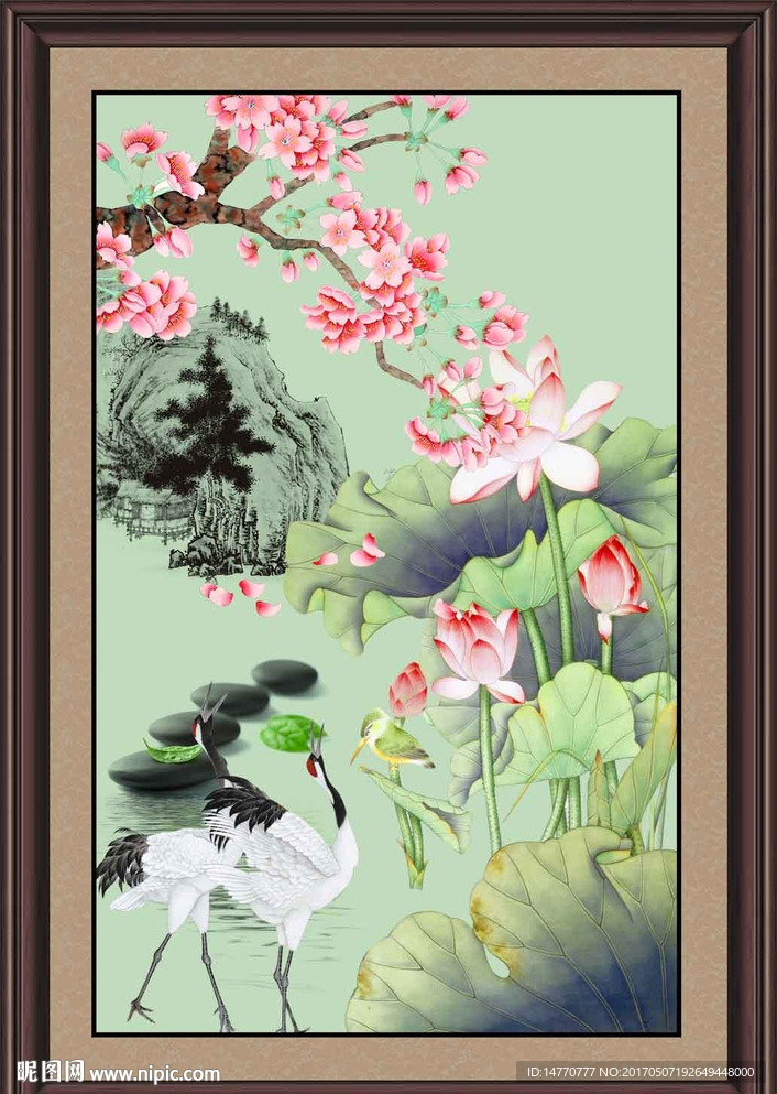 荷花仙鹤图