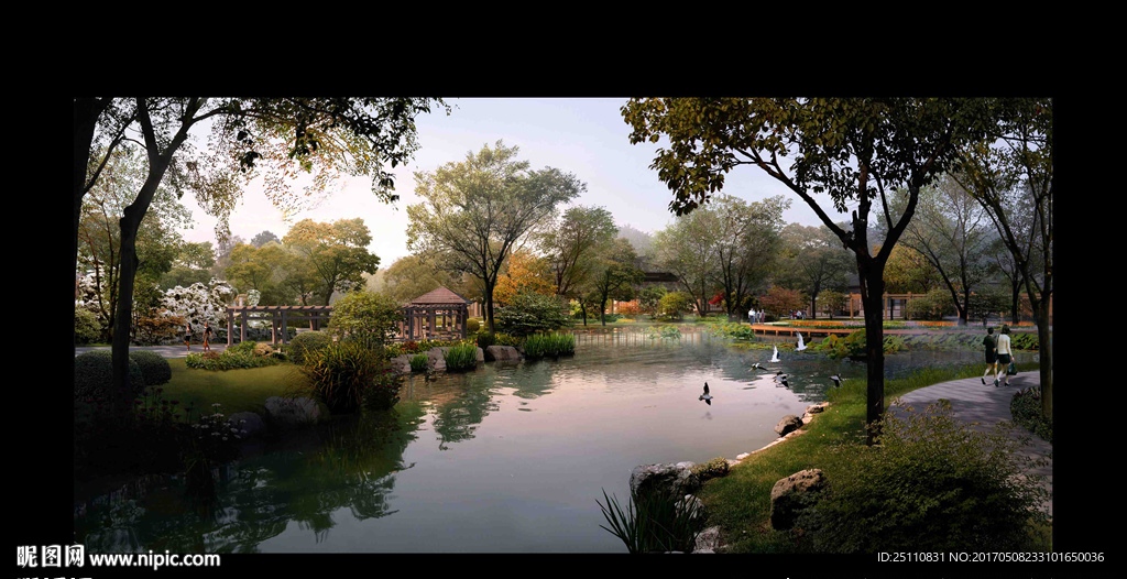 河道景观水生植物古建亭子廊桥图